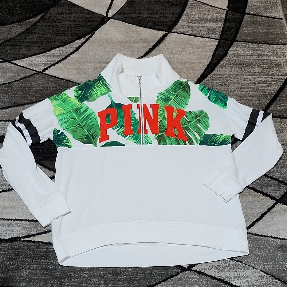 VS PINK 2016 TROPICAL PALM QUARTER-ZIP LIGHTWEIGHT LONG-SLEEVE SWEATSHIRT